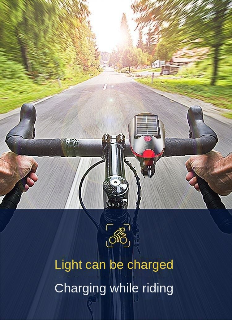 Solar Bicycle Light Multi-Functional Solar-Powered and USB Rechargeable Battery Mountain Bike Night Cycling High Brightness Light Bike Front Light and 120dB Horn Bicycle Charging Light