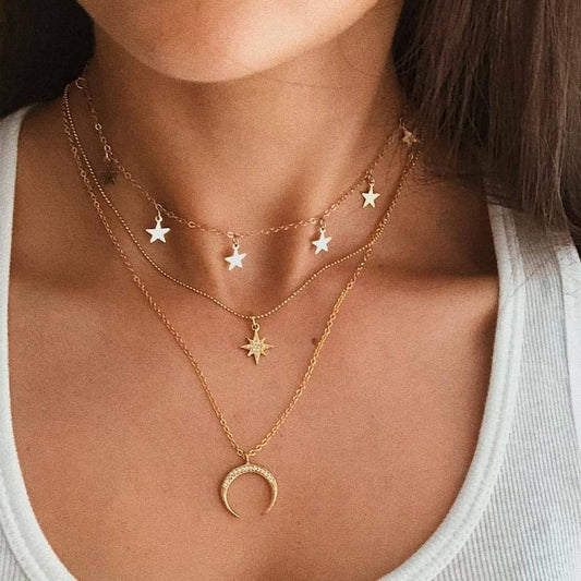 Pentagram Pendant Clavicle Necklace Creative Retro Simple Eight-pointed Star Crescent Three-layer Necklace