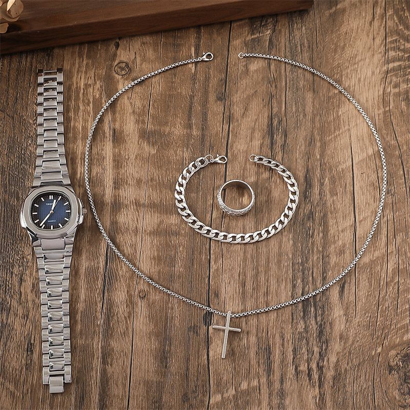 Men's Fashion Business Watches 4-Piece Set: Calendar Quartz Watch, Silver Cross Pendant Necklace, Ring and Bracelet - The perfect gift for him