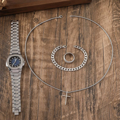 Men's Fashion Business Watches 4-Piece Set: Calendar Quartz Watch, Silver Cross Pendant Necklace, Ring and Bracelet - The perfect gift for him