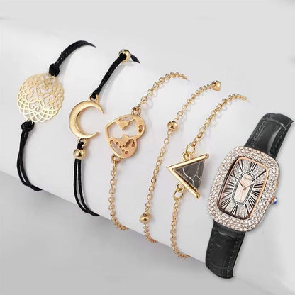 UPHUI 6PCS Women Watch Set Full Diamond Leather Strap Square Watch Women's Watches Luxury Timetable Quartz Fashion Watch Female Wrist Wstch Clock