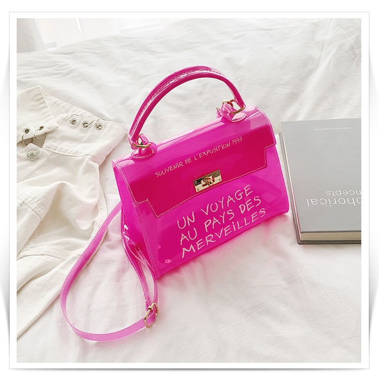 Women's candy color bag transparent bag 2024 letter jelly bag portable female bag shoulder diagonal bag
