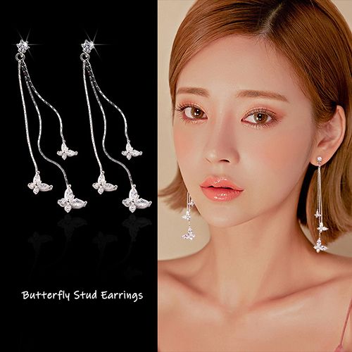 1-pair 925 silver electroplating earrings stu long tassel zircon three butterfly earrings fashion lady style