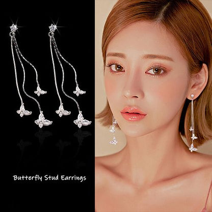 1-pair 925 silver electroplating earrings stu long tassel zircon three butterfly earrings fashion lady style