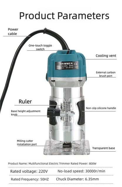 800W woodworking Electric trimmer, compact woodworking planer tools, Electric edger, Electric router, manual wood trimmer with 15 1/4 "drill bit sets, edge and roller guide rails