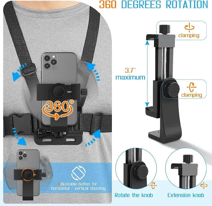 Mobile Phone Holder Adjustable Chest Strap 120°Adjustable Phone Clip Holder Cell Phone Fixation Bracket Sport Camera Holder Mount Harness Strap Video Vlog Lift Adjustable Mobile Phone Holder