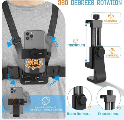 Mobile Phone Holder Adjustable Chest Strap 120°Adjustable Phone Clip Holder Cell Phone Fixation Bracket Sport Camera Holder Mount Harness Strap Video Vlog Lift Adjustable Mobile Phone Holder