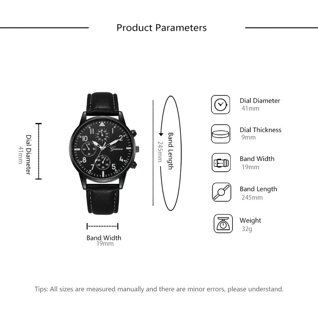 3Pcs Set Men's Watch Sports Watch Men's Business Quartz Watch Luxury Men's Leather Black Strap Watch Bracelet Set Quartz Watch For Daily Wear