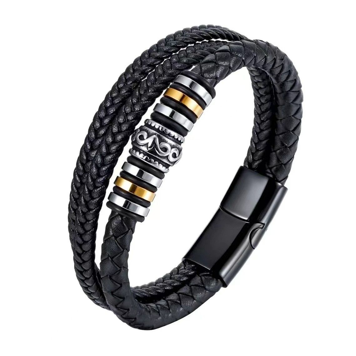 Cross leather bracelet for men multi-layer hand woven rope magnetic buckle genuine leather bracelet