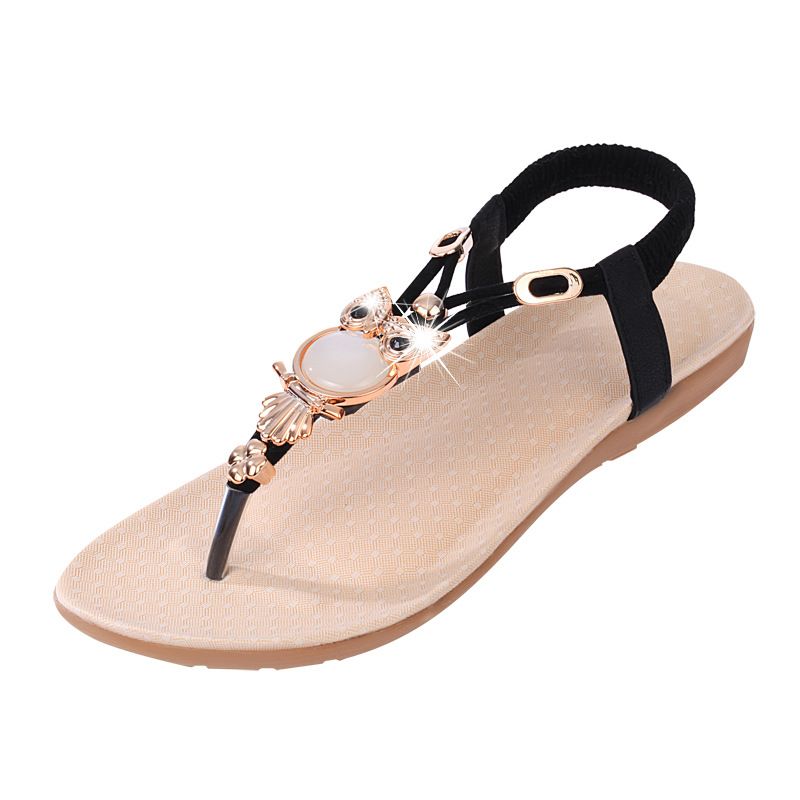 New arrived Owl Beaded Flat Sandals with Toe Clips Beach Flats Sandals Women's Cool shoes black