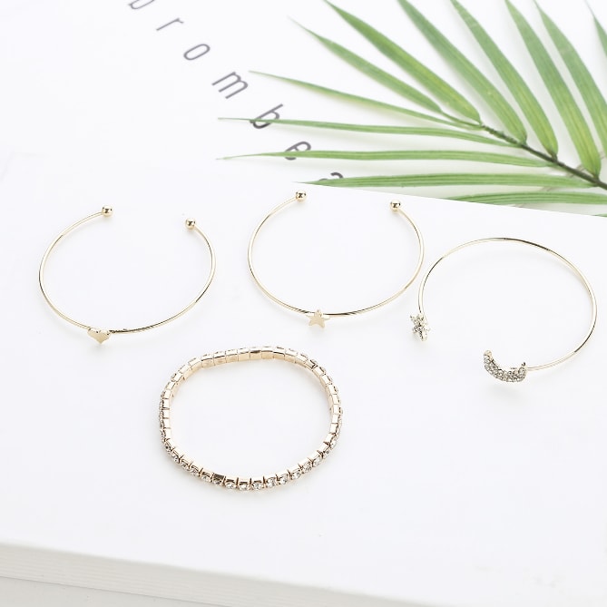 Ladies Diamond Pentagram Star Moon Heart Bracelet Open Bracelet Jewellery Fashion and Simple 4 Pieces / set MMSHOP Amazon hot style Gold as picture