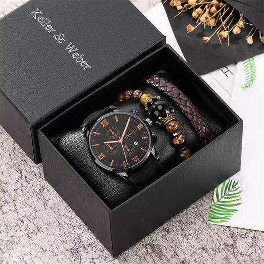 New Arrivals Personality Men Watch Bracelet Set Men's Black Quartz Watches for Man Leather Strap Pin Buckle Brown Bracelet Best Gift for Male