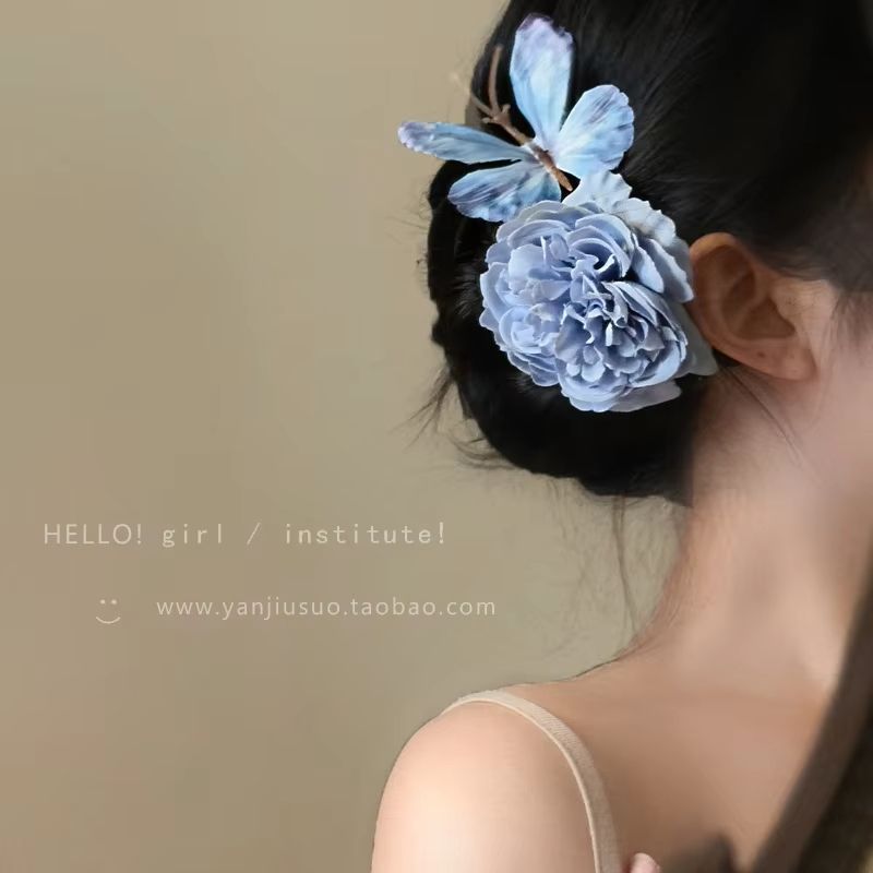 Fashion Simulation Butterfly Rose Pearl Hair Clip Luxury Retro Blue Flower Hair Accessory Hair Clips for Girls Women Bow Gift