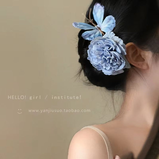 Fashion Simulation Butterfly Rose Pearl Hair Clip Luxury Retro Blue Flower Hair Accessory Hair Clips for Girls Women Bow Gift