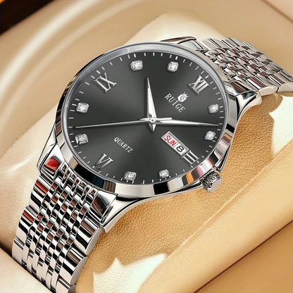 Luxury Men's Watches Dual Calendar Classic Business Quartz Watch for Men Stainless Steel Waterproof Wristwatch