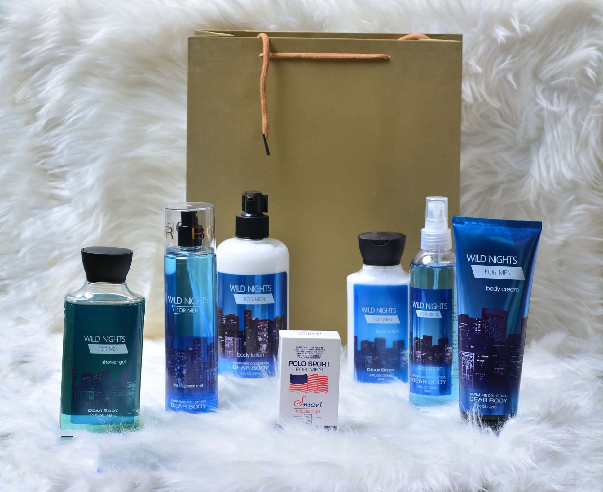 6 Pack Dear Body Wild Nights For Men Pump Lotion, Shower Gel, Body Splash, Body Cream, Body Mist and Small Lotion Keep Fresh Body Washes Skin Keep Body Fresh Body Luxuries Signature Collection