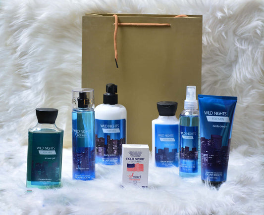 6 Pack Dear Body Wild Nights For Men Pump Lotion, Shower Gel, Body Splash, Body Cream, Body Mist and Small Lotion Keep Fresh Body Washes Skin Keep Body Fresh Body Luxuries Signature Collection