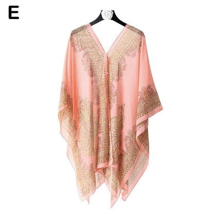 Woman Chiffon Blouse Fashion Women Scarf Shawl Printed Sunscreen Sun Protection Shawl Beach Shawl Soft Loose Bikini Cover Tops
