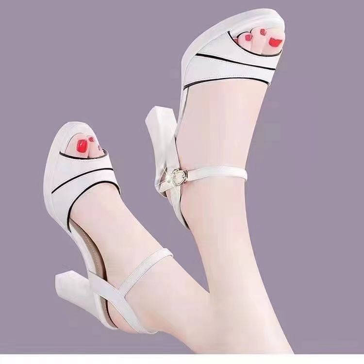 size 38-41 Ladies mouth shoes open shoes high heels Sandals Women's single button sandals exquisite dance shoes Girls chunky heel sandal edge white shoes