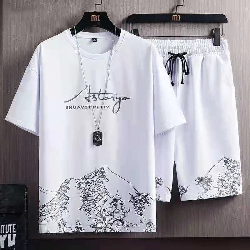 2 PCS 2 in 1 Men Clothes T-Shirts tshirts Shorts Polos Men Suits Fashion Summer Print Round Neck Short Sleeve Shorts T-Shirt Sets