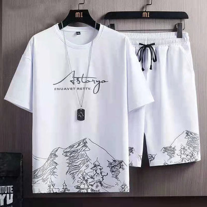 2 PCS 2 in 1 Men Clothes T-Shirts tshirts Shorts Polos Men Suits Fashion Summer Print Round Neck Short Sleeve Shorts T-Shirt Sets