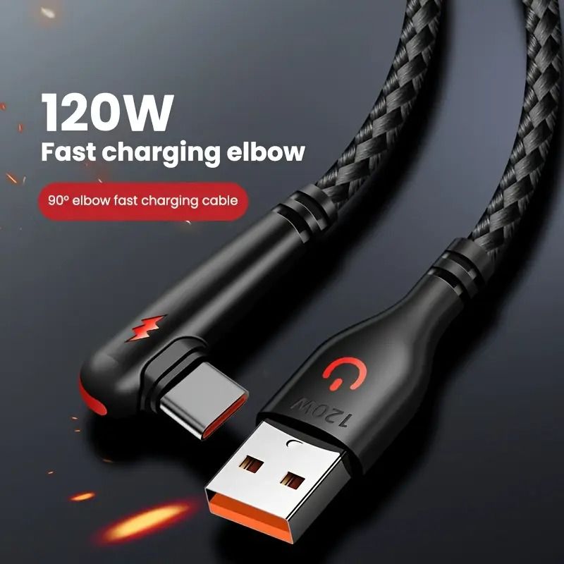 1/1.5M 90-degree angled Type-C 120W 6A super-fast charging data cable suitable for Android phone charging gaming and car b charging
