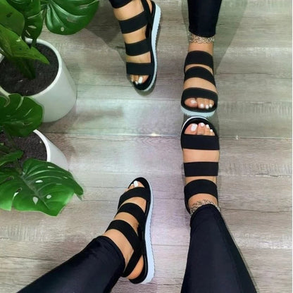 New Women's Sandals Summer Casual Comfortable Non-slip Soft Bottom Hollow Elastic Band Buckle Trifle Bottom Women shoes Solid Color Plus Size Women's Sandals