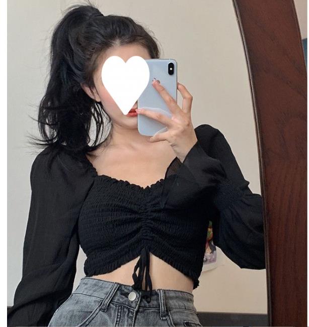 Women Tops And Bloues Sexy Women Long Sleeve Square Neck Shirt Drawstring Off Shoulder Blouse Crop Top