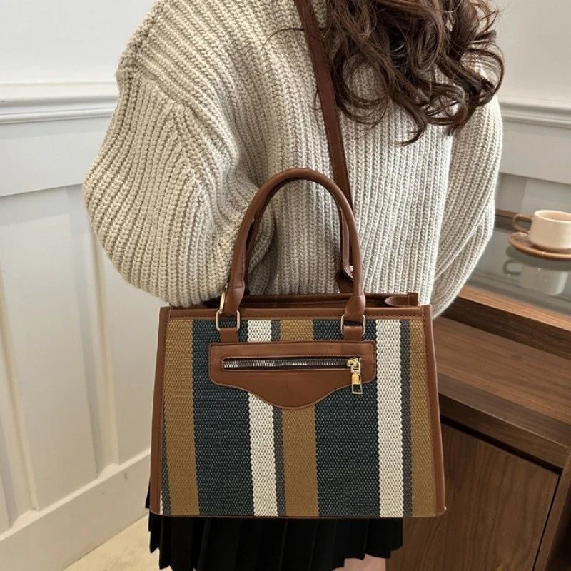 Mateamoda Elegant Striped Tote Bag with Rich Leather Accents Crossbody Bag Underarm Handbag