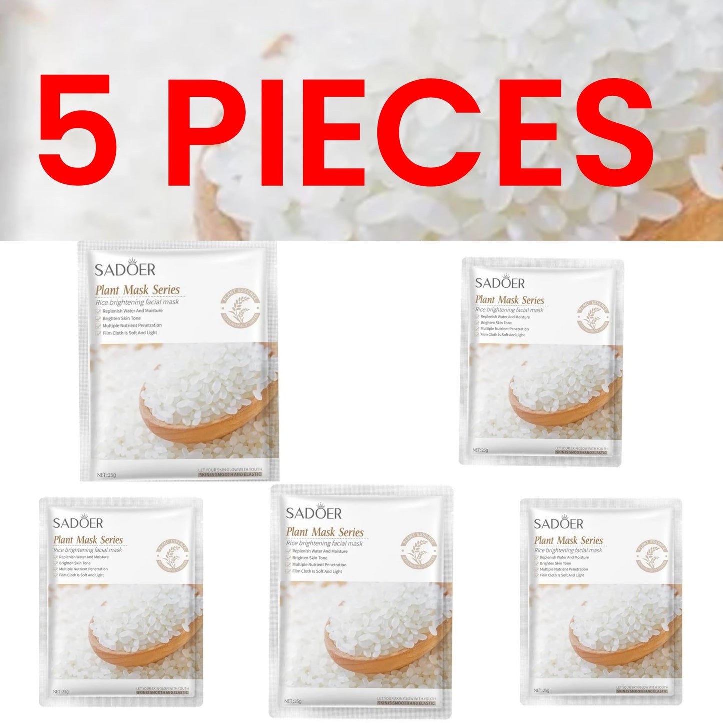 5 PIECES Sadoer Rice Facial Mask Sheets Brightening Moisturizing, Deep Repair Cleansing Natural Coffee Extracts Essence Face Masks