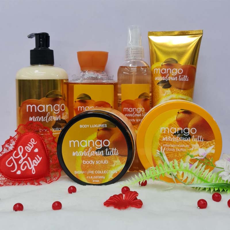 6 Pack Dear Body Luxuries Mango Mandarin Tutti Body Lotion, Splash, Cream, Shower Gel, Butter and Scrub With Aloe Vera Grape Seed Extract Signature Collection Body Luxuries