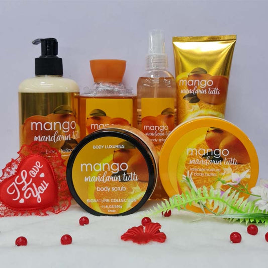 6 Pack Dear Body Luxuries Mango Mandarin Tutti Body Lotion, Splash, Cream, Shower Gel, Butter and Scrub With Aloe Vera Grape Seed Extract Signature Collection Body Luxuries