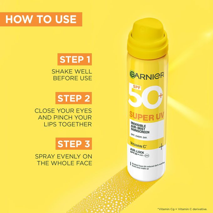 Garnier Super UV Invisible Air Mist Sunscreen SPF 50, with Vitamin C to Correct UV Induced Dark Marks and SPF 50