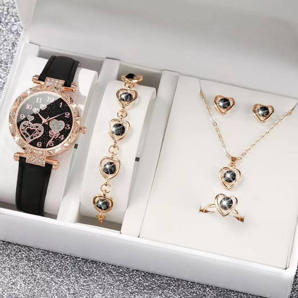 6PCS Ladies Watch Jewelry Set Watch Ring Necklace Earrings Bracelet Set Pink Crystal Waterproof Watch Set Wristwatch Ladies' Love Dial Quartz Watch Can Be Used As Romantic Gift Or Prop Shooting