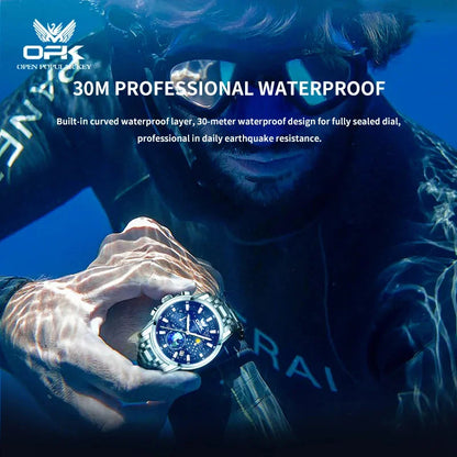 OPK Quartz Watches for Men Starry Sky Display Moon phase Multifunctional Stainless Steel Waterproof Luxury Mens Watch