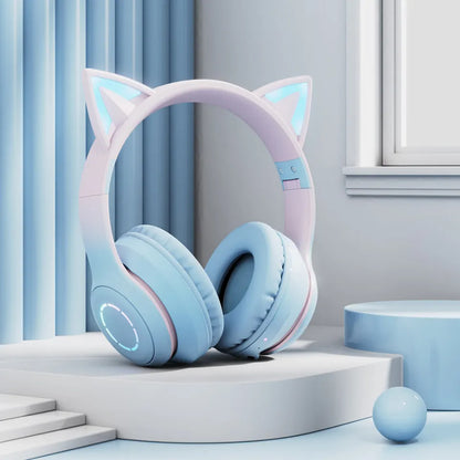Headset gradient cat ears headset wireless BT headset with microphone girl net red live luminous headset Fashion Trend Bluetooth Earphones