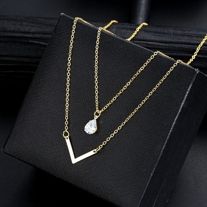 New V-Shaped Water Drop Zircon Necklace 2-Piece Set Creative Simple Geometric Niche Necklace Set Women