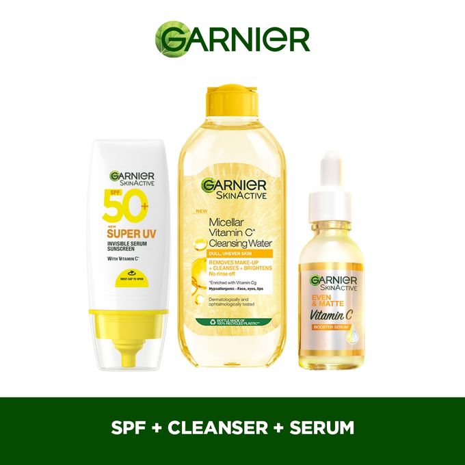【Discounted】Garnier Even & Matte Super Day Cleanse & Protect Kit: Super UV SPF 50 Sunscreen + Micellar Water 400ml + Day Serum 15ml