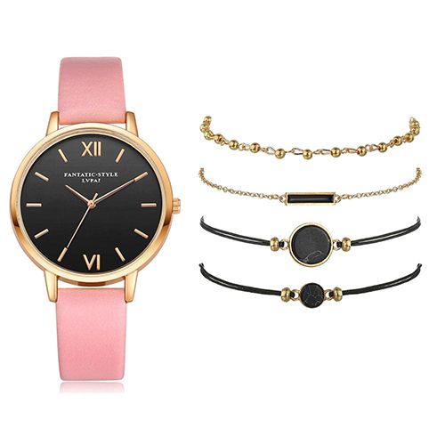 5pcs Quartz Watch Set Ladies Elegant Gemstone Bracelet Quartz Wristwatch Women Leather Quartz Watches Bracelet Set Clock Gift