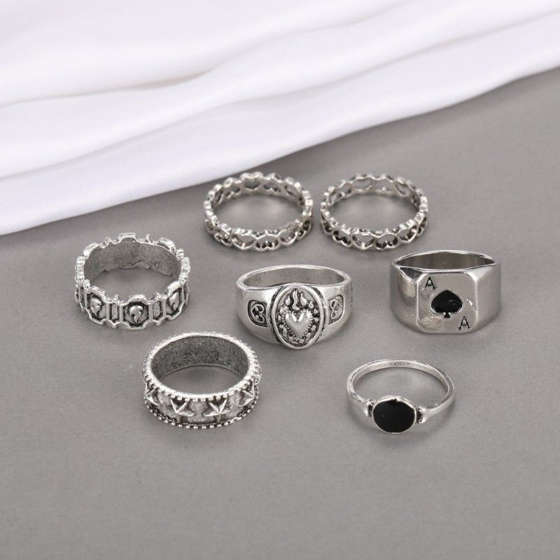 7 Pcs/set Creative Fashion Rings Set For Men And Women Jewelry Simple Atmospheric Dark Vintage Spades Love Ring