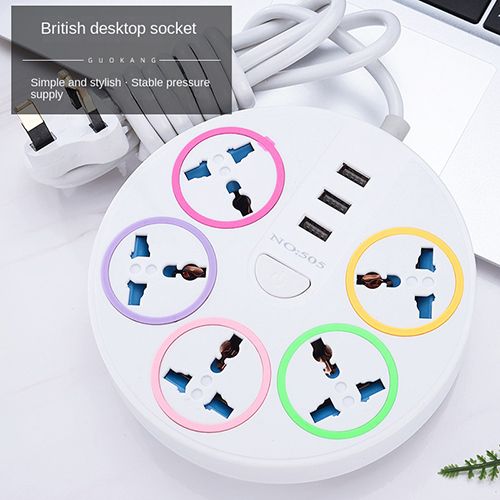British Round Desktop Socket Universal Power Strip Power Socket Heavy Duty Surge Protector Plug Power Socket 5 Way Outlets 3 USB Charging Ports USB Charger Adapter 6.56 ft Long Extension Cord