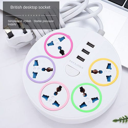 British Round Desktop Socket Universal Power Strip Power Socket Heavy Duty Surge Protector Plug Power Socket 5 Way Outlets 3 USB Charging Ports USB Charger Adapter 6.56 ft Long Extension Cord