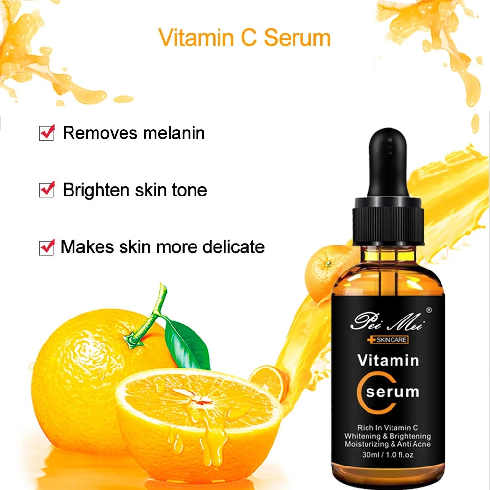 Vitamin C Facial Serum Brighten Skin Lighten Spots Hyaluronic Acid Face Essence Skin Care Products 30ml
