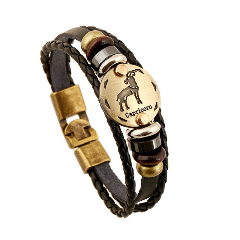 12 Constellations Multi-layer Leather Cuff Chain Lucky Charm Fashion Bronze Alloy Buckles Bracelets