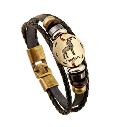 12 Constellations Multi-layer Leather Cuff Chain Lucky Charm Fashion Bronze Alloy Buckles Bracelets