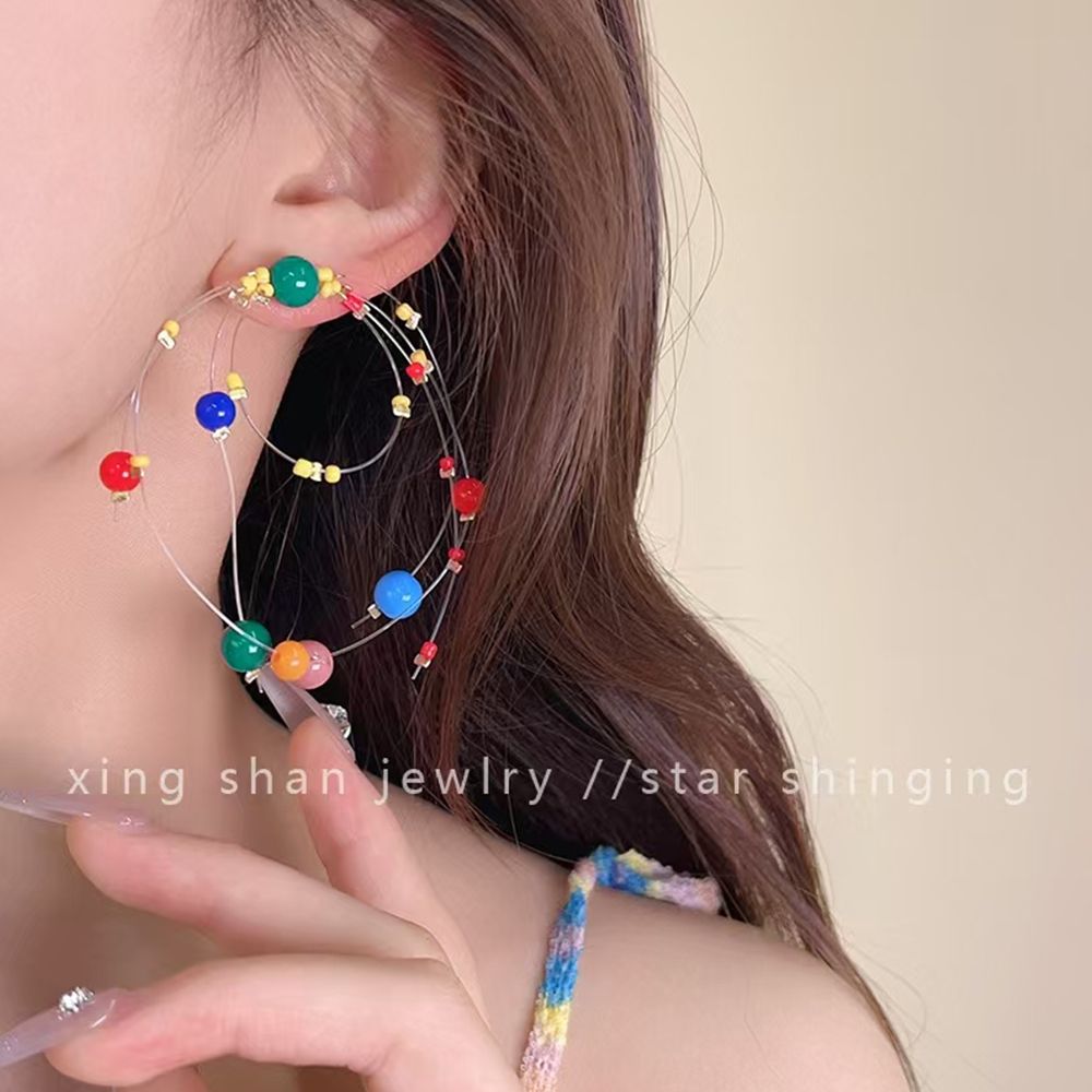 New Dopamine Colored Beaded Earrings with Personalized and Versatile Earrings, Non collision Style, Fun Ear Clips, Ear Accessories for Women (This style has ear clips)