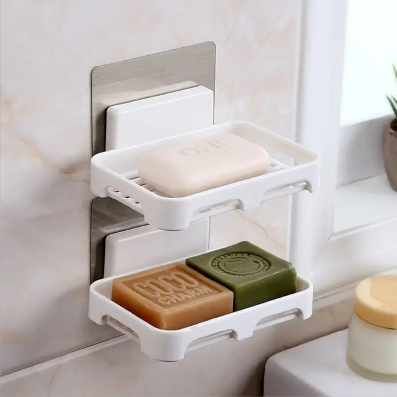 New Arrivals 2PCS Wall Mounted Soap Dishes Rectangular Plastic Soap Holder Bathroom Shower Soap Tray with Drain Kitchen Sponge Organizer