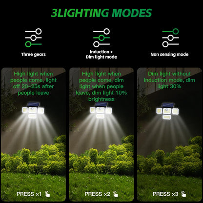 Solar Wall Lamp, 4-Head Solar Power Light, 333 LED Solar Light, Wireless Flood Lights Outdoor，3000 Lumens, 6500K, Motion Sensor, IP65 Waterproof, 270° Lighting Range for Street, Garden, Pathway