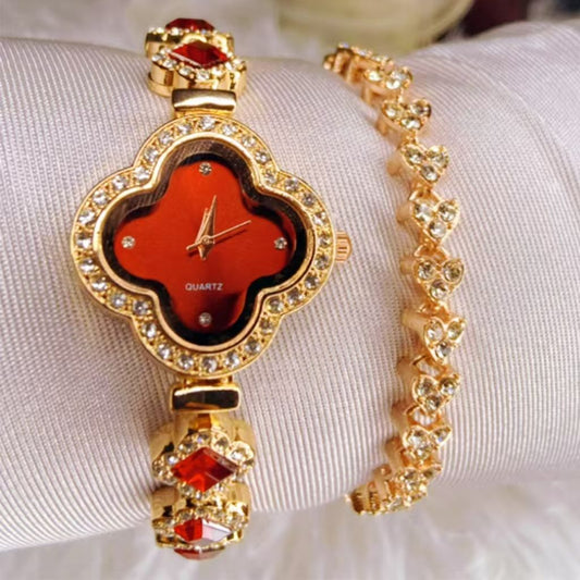 2 Pieces Set Watch+Bracelet New Four Leaf Clover Fashionable Ruby Inlaid Diamond Watch Ladies‘ Watch