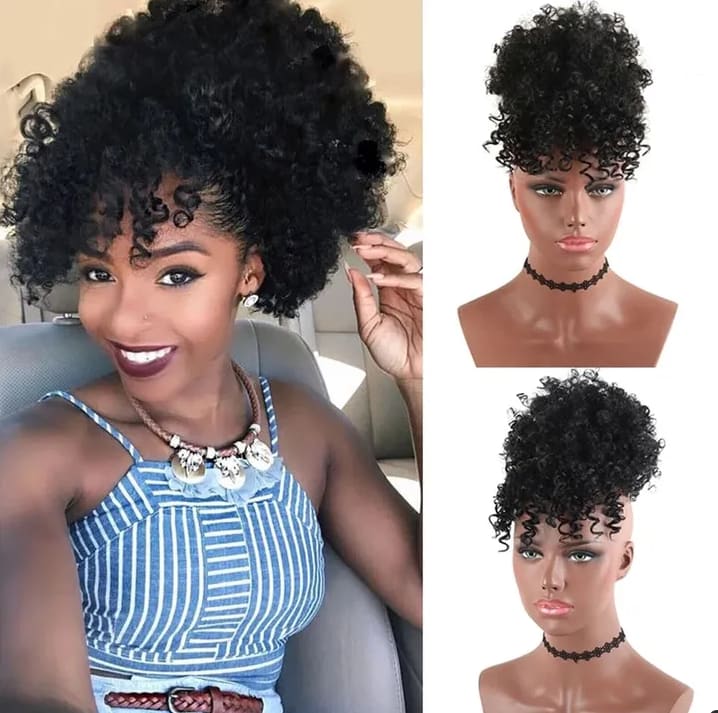 High Puff Afro Kinky Curly Synthetic Ponytail with Bangs Ponytail Hair Extension Drawstring Wigs
